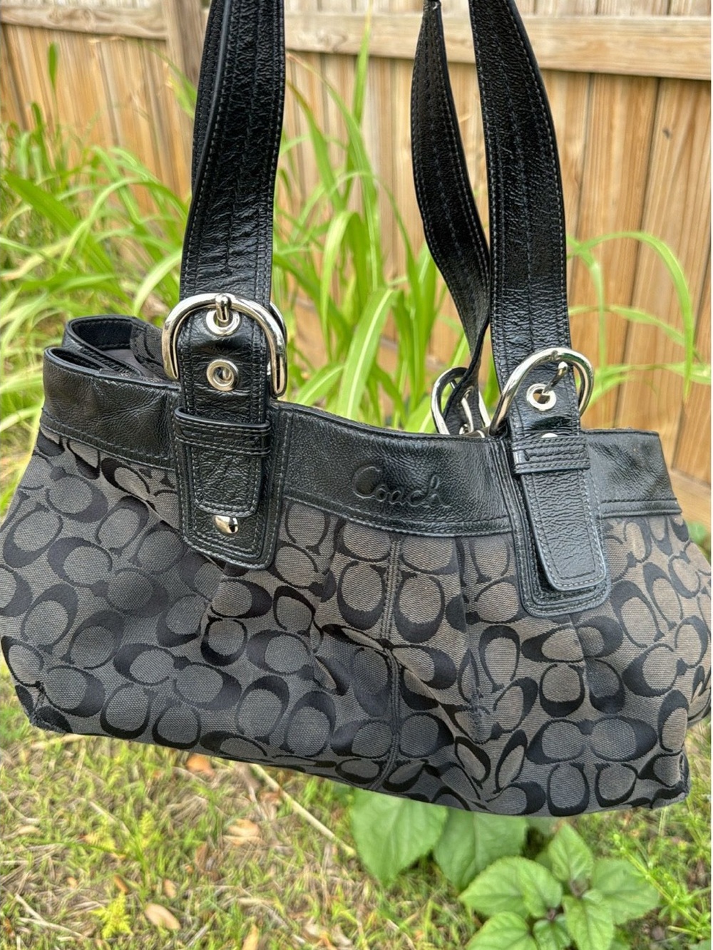 Coach Black Signature Canvas Shoulder Tote with Leather Trim